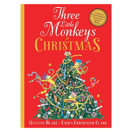 Cover of "Three Little Monkeys at Christmas" on a red background. Three playful monkeys decorate a Christmas tree with vibrant ornaments. Festive and joyful.