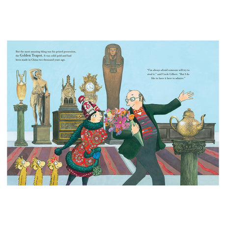 Illustration of a whimsical museum scene with a man showing a golden teapot to a woman in colorful attire. Statues and an ornate clock surround them.