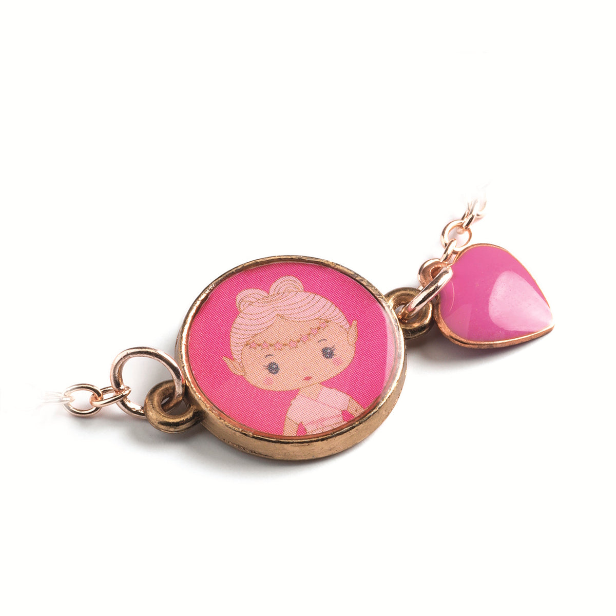 A charming children's bracelet from Djeco's Tinyly collection featuring a delicate gold-colored chain adorned with a small figurine charm of Elfe, a whimsical character with wings.