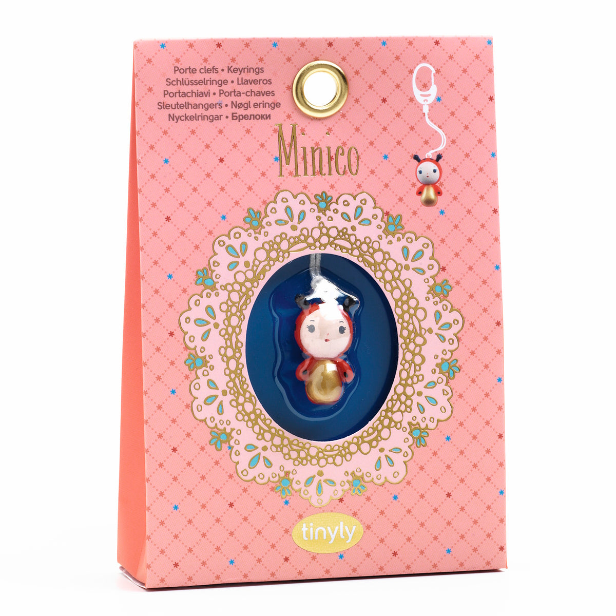 A keyring from Djeco's Tinyly collection featuring a finely sculpted figurine of Minico, a ladybug character.