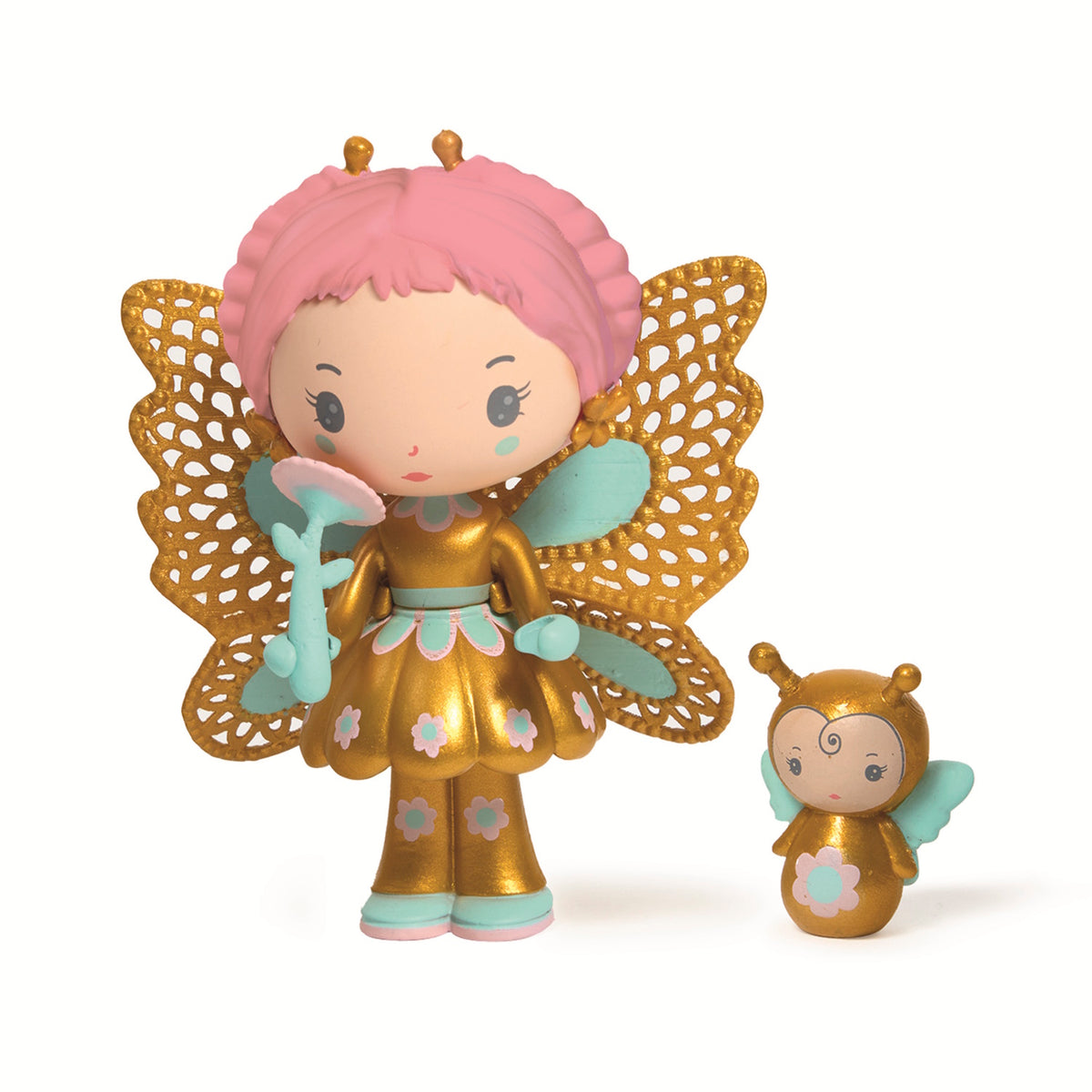A whimsical fairy figure with pink hair and golden butterfly wings stands beside a small, cute bee figure, both decorated with flowers in a white background.