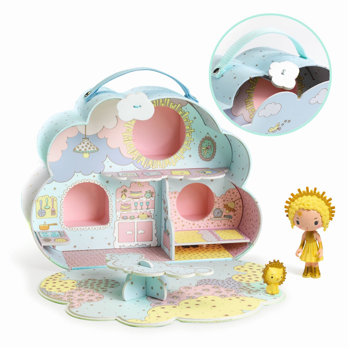 Colorful playset of Sunny & Mia's house with whimsical characters, animals, and various rooms, showcasing a playful, imaginative scene.