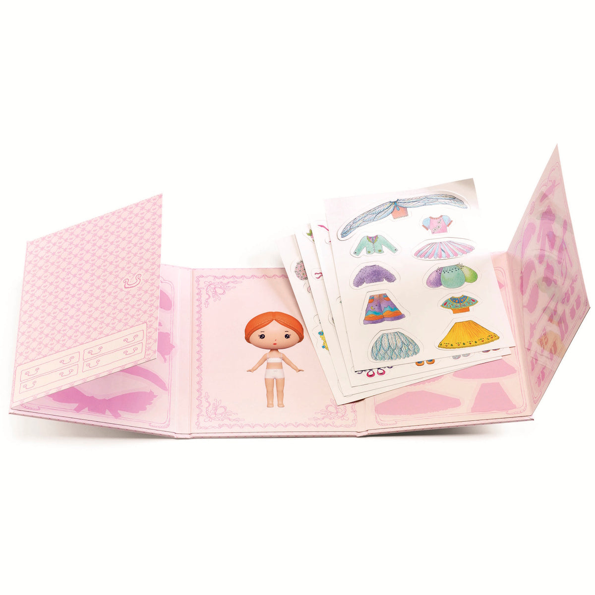 The set includes a fold-out booklet with a central illustration of Miss Lilyruby and four sheets of reusable vinyl stickers, allowing children to dress and accessorize her in various outfits.