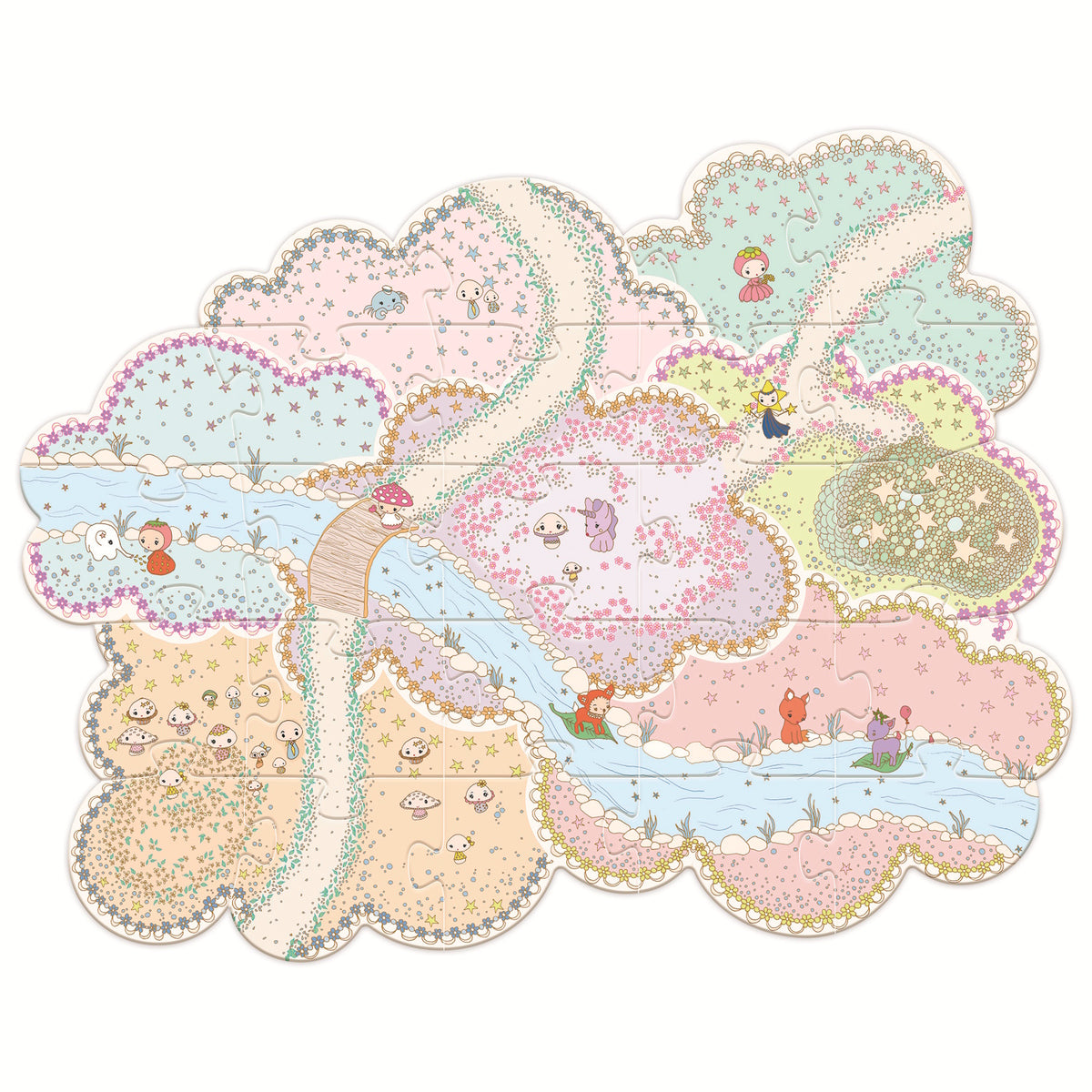 A colorful mushroom-shaped house with a doll peeking out, surrounded by a whimsical, illustrated landscape and a green toy deer. 