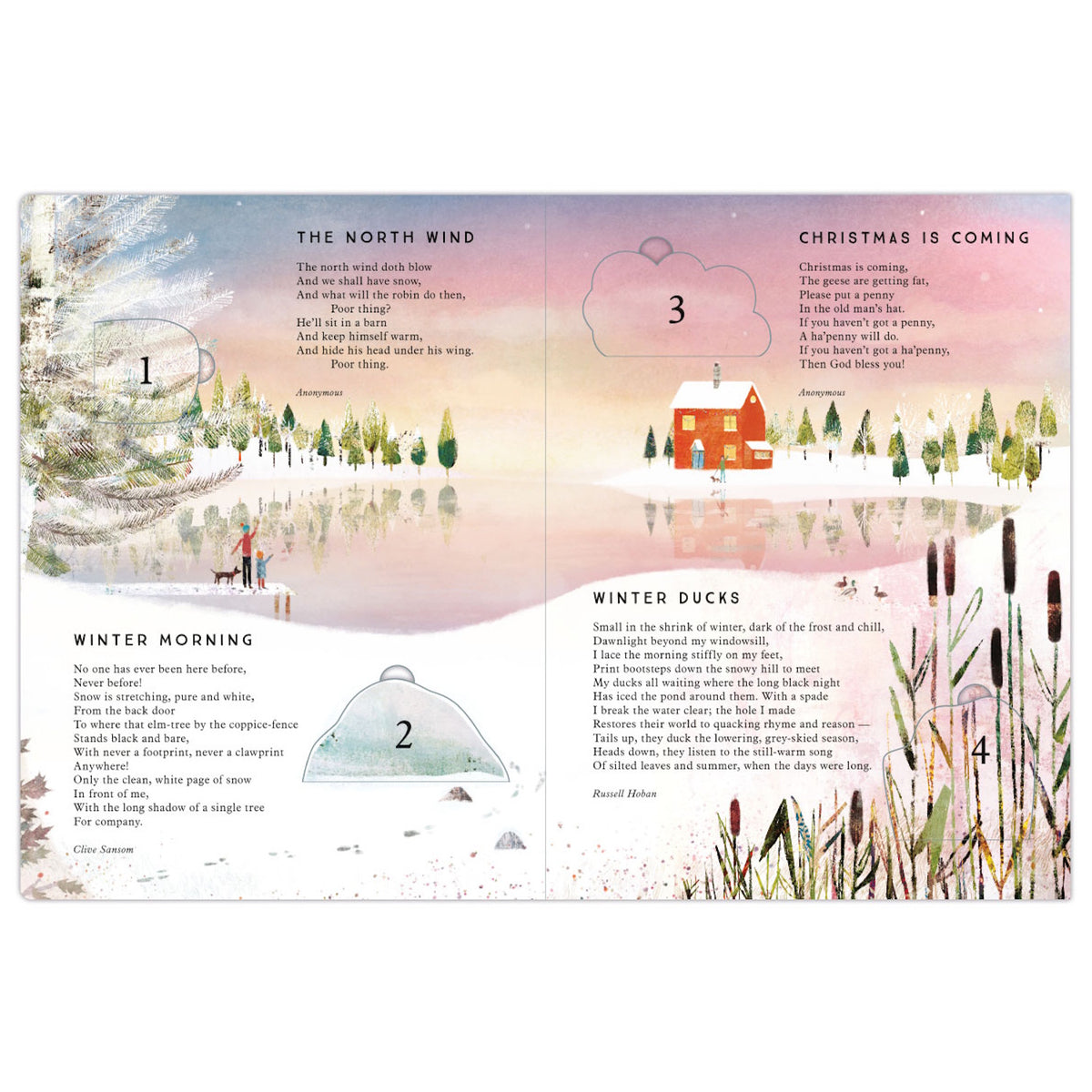 Flat lay view of open paper 'Tis the Season Advent calendar book pages featuring winter poems and numbered flaps.