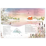 Flat lay view of open paper 'Tis the Season Advent calendar book pages featuring winter poems and numbered flaps.