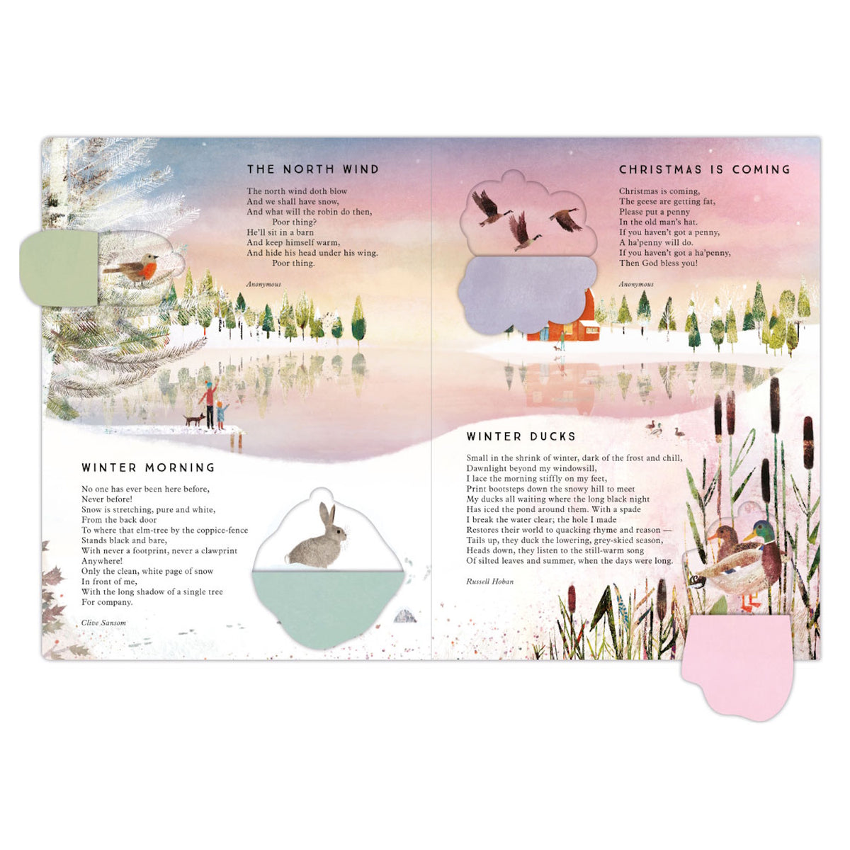 Flat lay view of open paper 'Tis the Season Advent calendar book pages with open flaps revealing hidden illustrations.