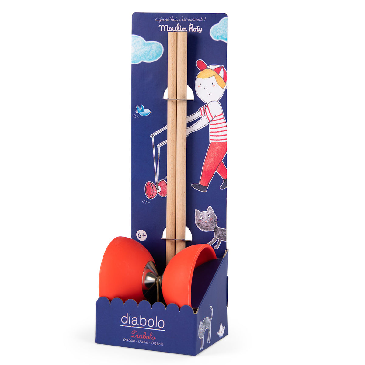 Toy diablo set in a blue package with playful illustrations of a child, cat, and bird. Text reads "Moulin Roty". Suitable for ages 6 and up.