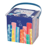 A colorful box of 20 sidewalk chalks with a blue handle. The design features playful illustrations of children and vivid chalk drawings on a deep blue background, conveying a fun and creative tone.