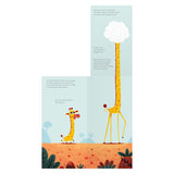 Illustration of a tall giraffe with its head in a cloud next to a small giraffe from a children's book.