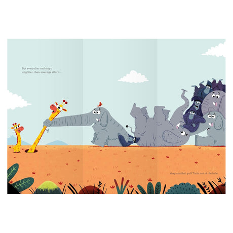 Children's book illustration of an elephant and gorillas pulling a giraffe from a hole in a colorful savanna.