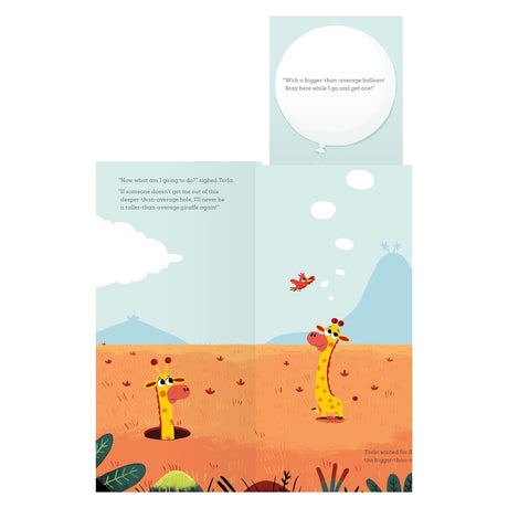 Children's book illustration of a giraffe in a hole with a bird and a thought bubble about a large white balloon.