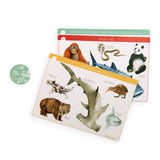 Moulin Roty animal lotto boards for Australasia and Asia, featuring a hammerhead shark, wombat, and giant panda.