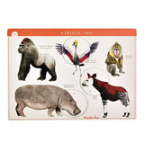 Moulin Roty Africa animal lotto board with watercolor gorilla, hippopotamus, okapi, mandrill, and crowned crane.
