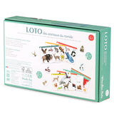 Back of Moulin Roty Animal Lotto box showing 6 continent boards and 60 animal tokens for ages 4+.