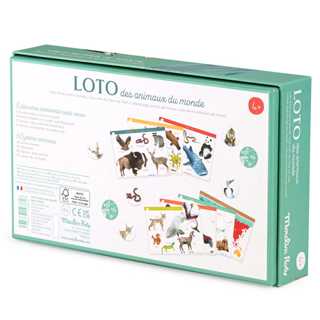 Back of Moulin Roty Animal Lotto box showing 6 continent boards and 60 animal tokens for ages 4+.