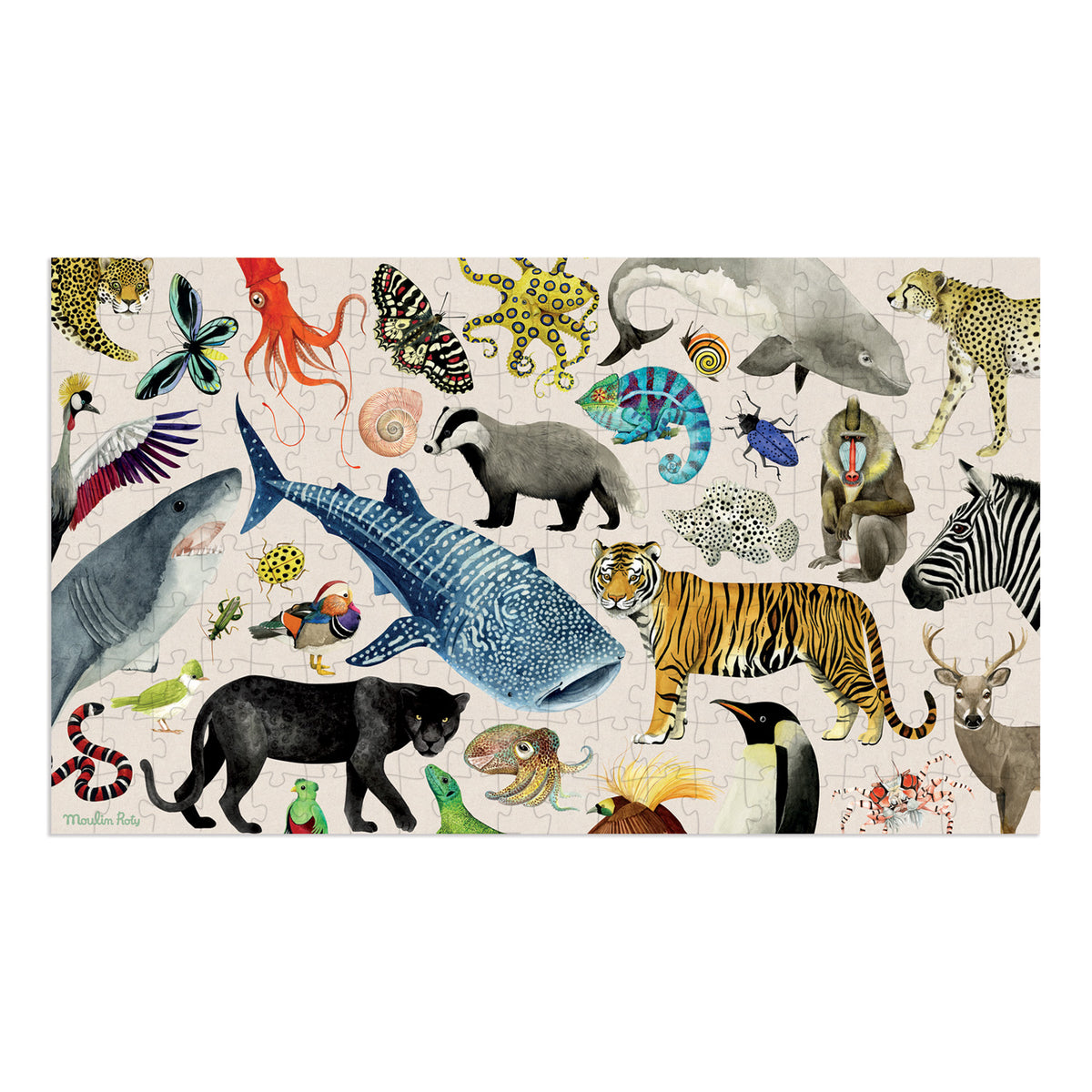 Colorful Moulin Roty jigsaw puzzle featuring diverse wildlife like a whale shark, tiger, panther, and cheetah.