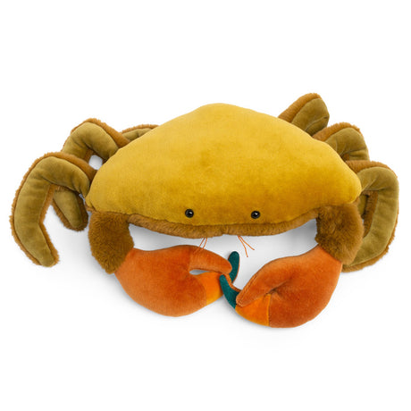 Plush yellow and orange crab stuffed animal from the Tout Autour Du Monde collection by Moulin Roty on a white background.