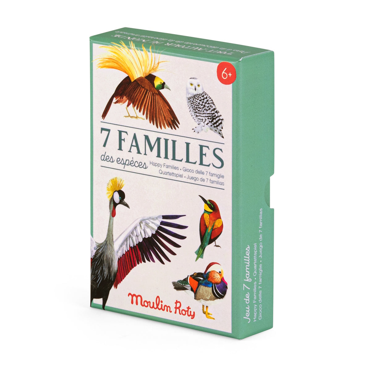 Moulin Roty 7 Families animal card game box featuring colorful bird illustrations for ages 6 and up.