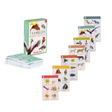 Moulin Roty 7 Families animal card game with colorful illustrated species cards and a green storage box.