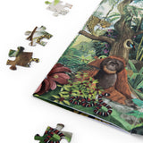 Close-up of rainforest puzzle pieces and box featuring an orangutan, leopard, and snake in a jungle scene.