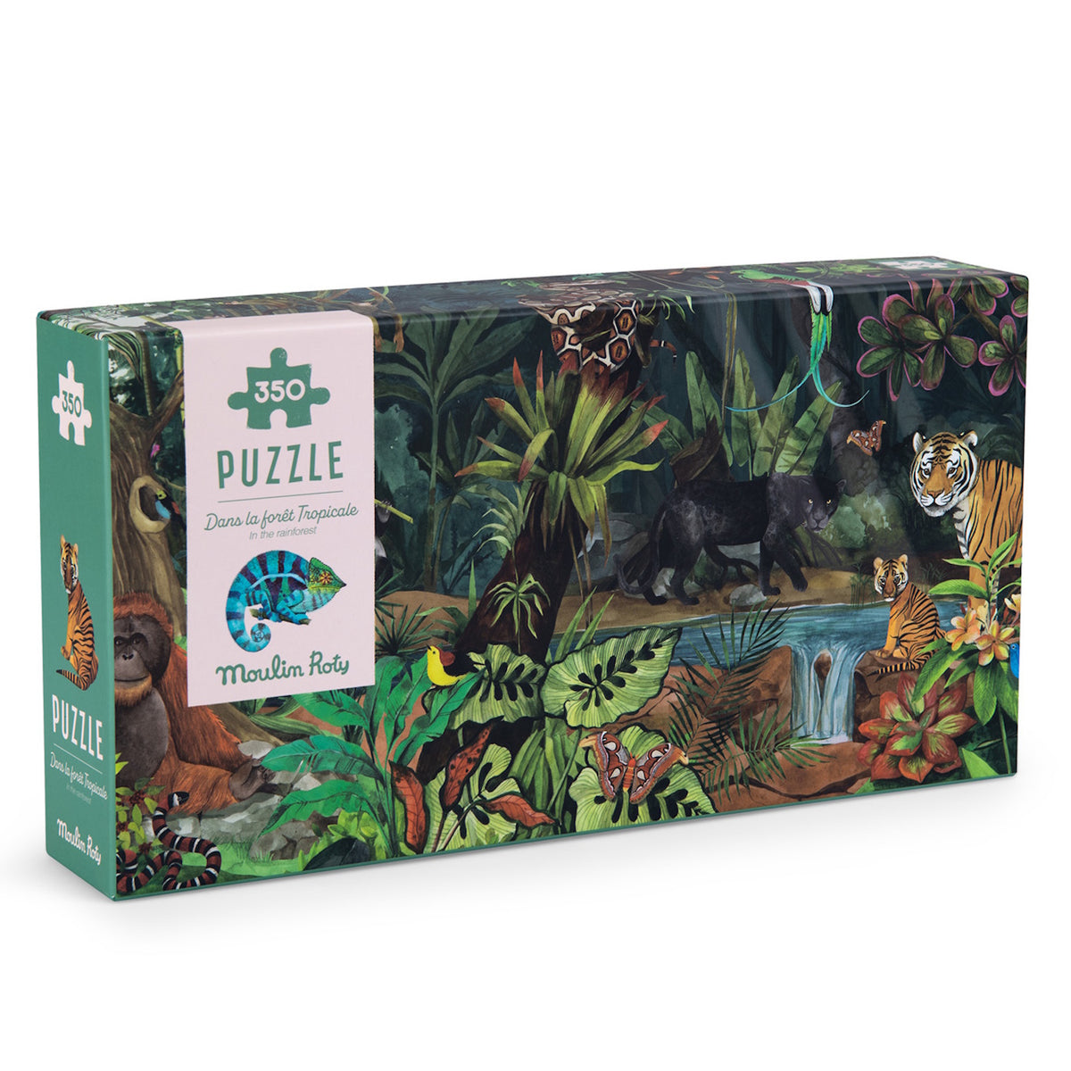Moulin Roty 350-piece rainforest puzzle box with tiger, panther, and chameleon illustrations.
