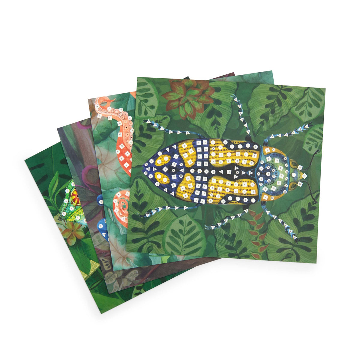 Four animal mosaic art boards featuring a beetle, chameleon, and octopus with numbered guides for sticker placement.