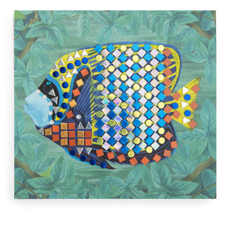 Colorful fish mosaic craft kit with blue, gold, and orange stickers on a green leafy background.