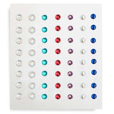 Sheet of colorful round adhesive craft rhinestones in rows of silver, teal, red, purple, iridescent, and blue.