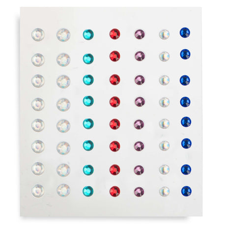 Sheet of colorful round adhesive craft rhinestones in rows of silver, teal, red, purple, iridescent, and blue.