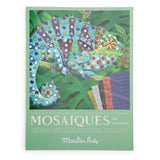 Moulin Roty Animal Mosaics craft kit cover featuring a colorful chameleon illustration and mosaic tile sheets.