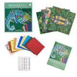 Moulin Roty animal mosaic craft kit with chameleon and beetle cards, colorful adhesive foam tiles, and rhinestones.