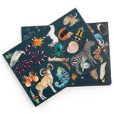 Moulin Roty Tout Autour du Monde game cards featuring colorful illustrations of a zebra, chameleon, and penguin.