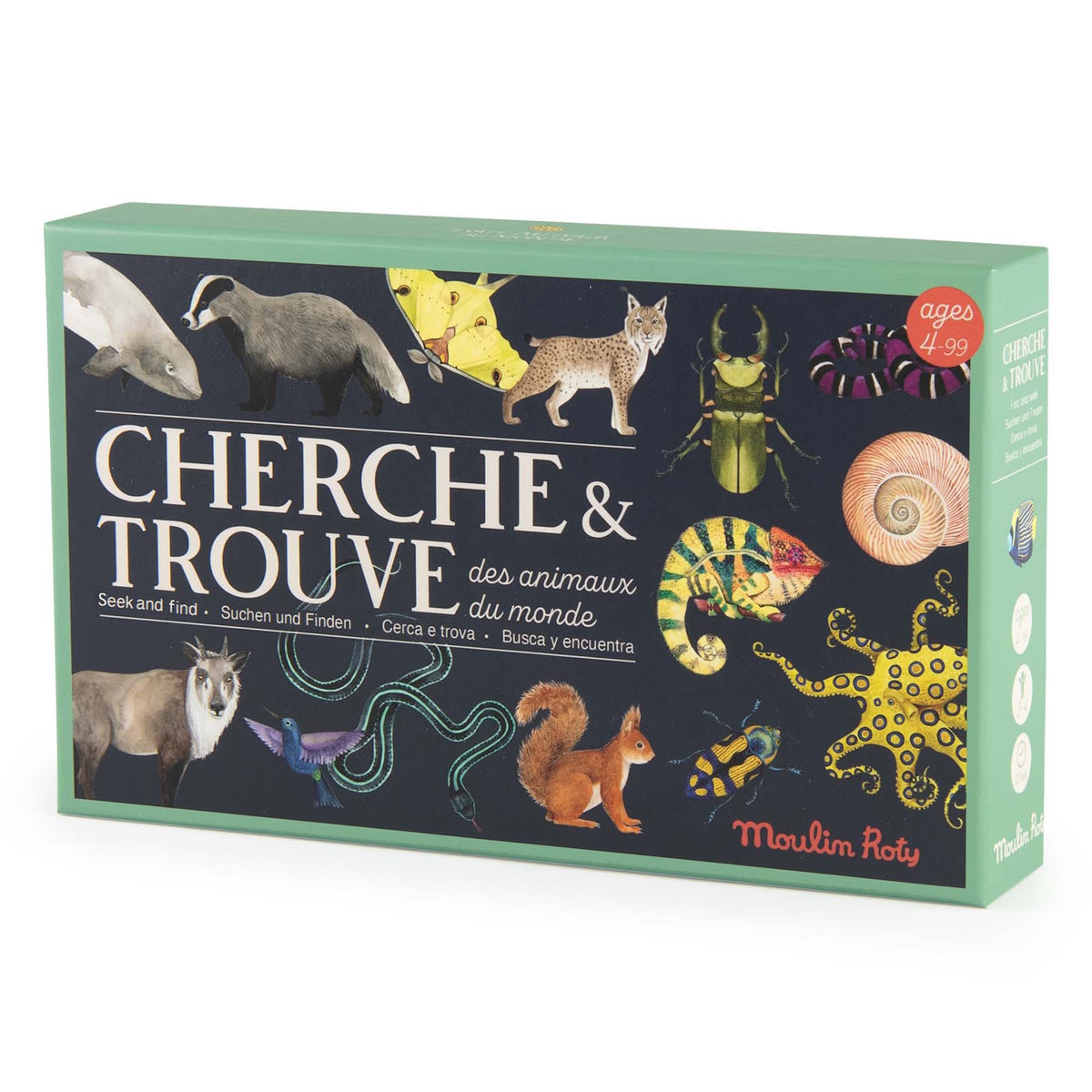 Moulin Roty Cherche & Trouve animal seek and find card game box featuring colorful illustrations on a dark background.
