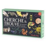 Moulin Roty Cherche & Trouve animal seek and find card game box featuring colorful illustrations on a dark background.