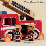 Red wooden toy fire engine with firefighters, fire cutouts, and opening side door.