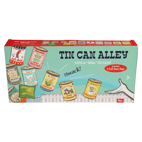 Retro-style packaging box for a Tin Can Alley game featuring illustrations of vintage food cans.