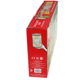 Side view of a red and green Tin Can Alley game box showing safety warnings and product details.