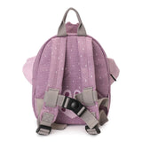 The back view of a purple children's backpack with white specks, gray shoulder straps, and a chest strap.