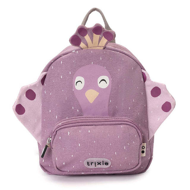 Purple peacock backpack with a speckled pattern, a smiling peacock face, wings, a crest, and a front pocket.