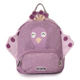 A purple kids backpack shaped like a peacock with a crown, side wings, and a white speckled pattern.