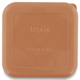 The back of a square, peach snack box with rounded corners and an embossed Trixie logo.