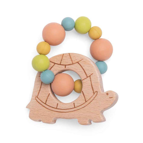 Wooden turtle-shaped teething toy with a ring of colorful silicone beads in blue, green, yellow, and peach.