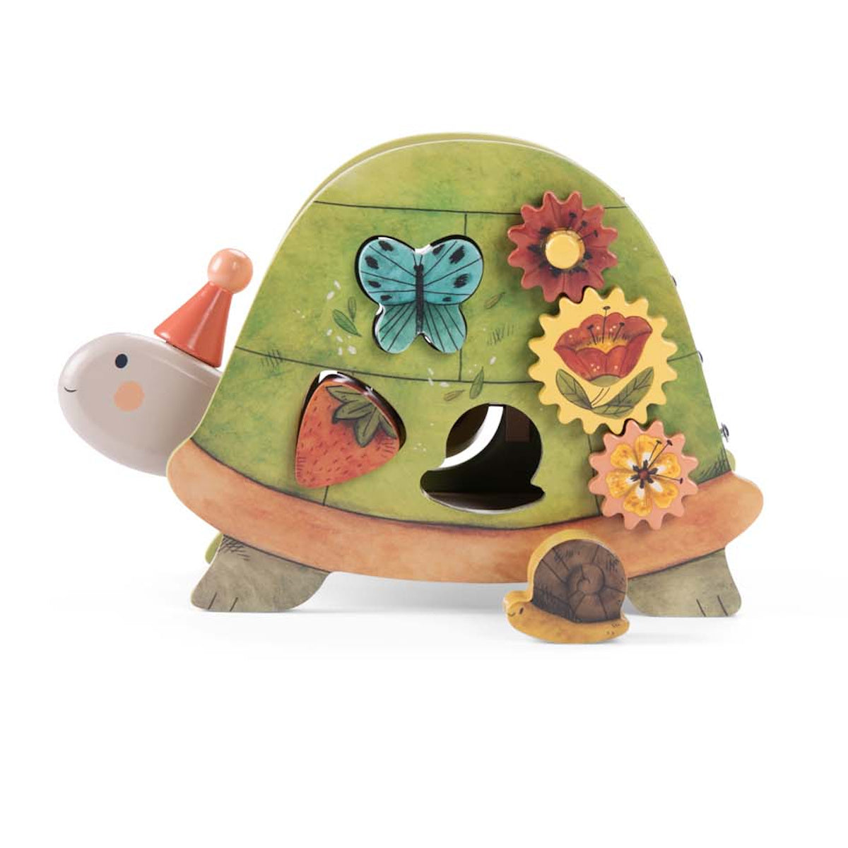 Moulin Roty Trois Petits Lapins wooden shape sorter turtle toy with gears and blocks.