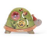Moulin Roty Trois Petits Lapins wooden activity turtle toy with beads and gears.