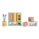 Trois Petits Lapins wooden stack up activity cubes toy set with bunny and nature illustrations.