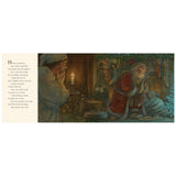 Santa Claus fills stockings by a fireplace while a man in a nightcap watches from the shadows of a cozy room.