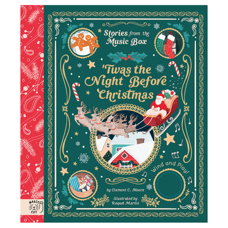 Christmas book cover with Santa in a sleigh led by reindeer, set against a green background. Features candy canes and musical notes. Festive and whimsical.