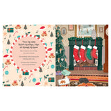 Illustrated Christmas scene showing four stockings hanging on a green mantel beside a decorated tree. Cozy room with gifts and a sleeping cat.