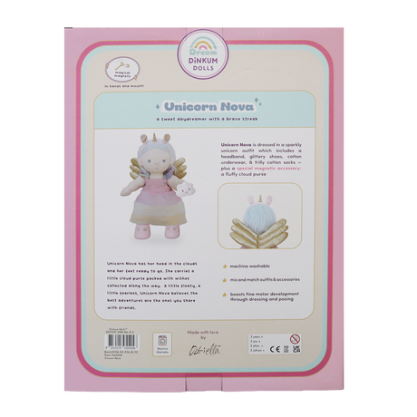 Back of Olli Ella Dream Dinkum Dolls Unicorn Nova packaging box with product features.